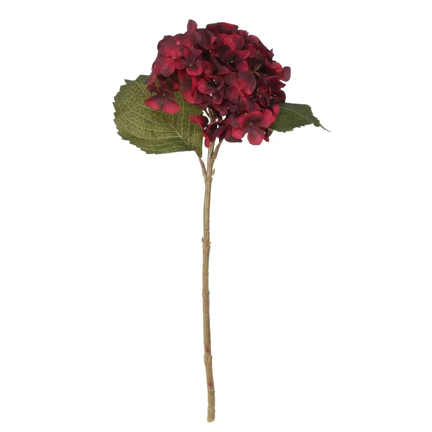 Deep red artificial hydrangea flower with green leaves, perfect for home décor and gift arrangements