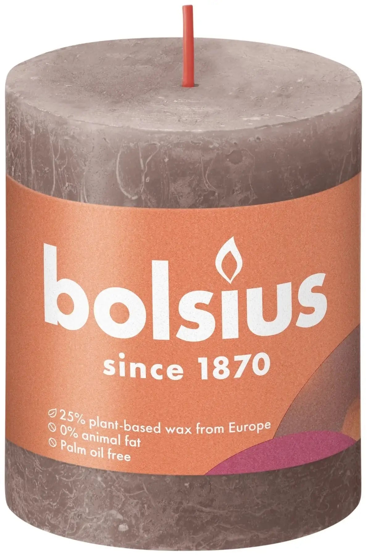 Taupe Bolsius Rustic Shine Pillar Candle with brand packaging