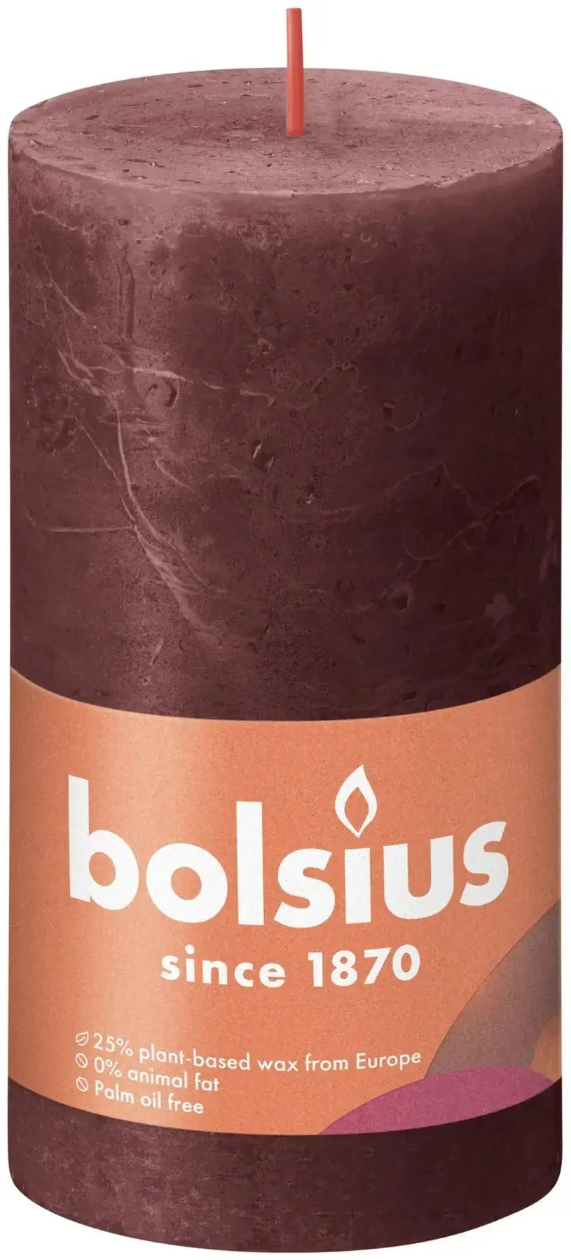 Velvet Red Bolsius Rustic Shine Pillar Candle with plant-based wax label