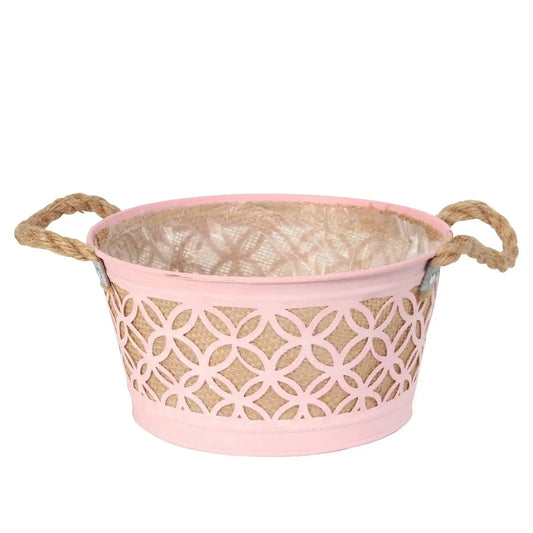 Round Pink Zinc Planter with Hessian Liner and Rope Handles