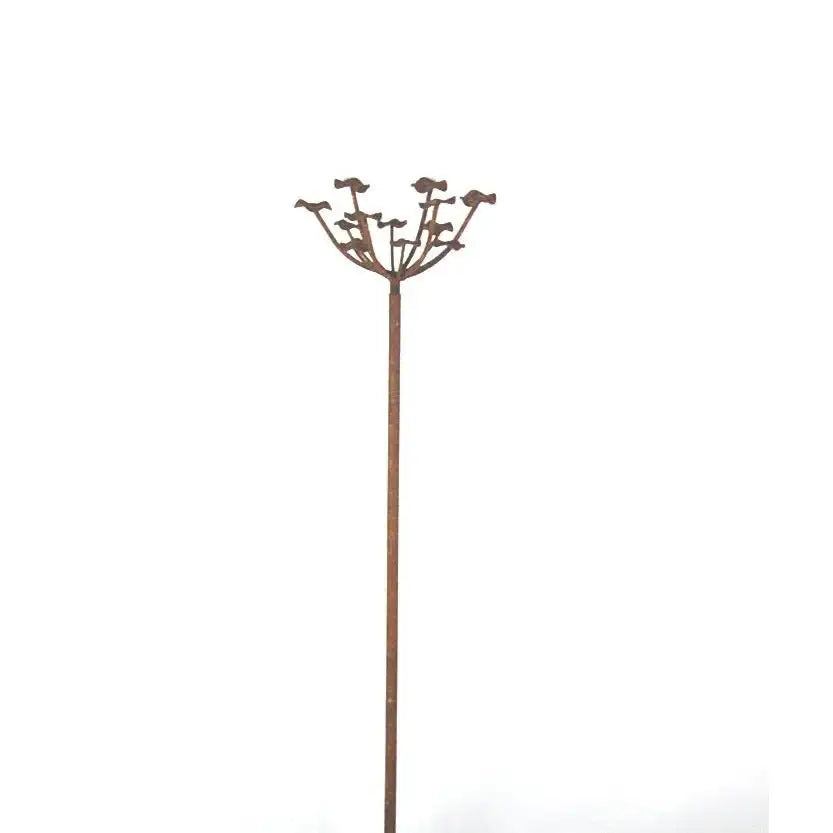 Rustic metal garden stake with bird silhouette topper, perfect for outdoor home décor and yard accents.