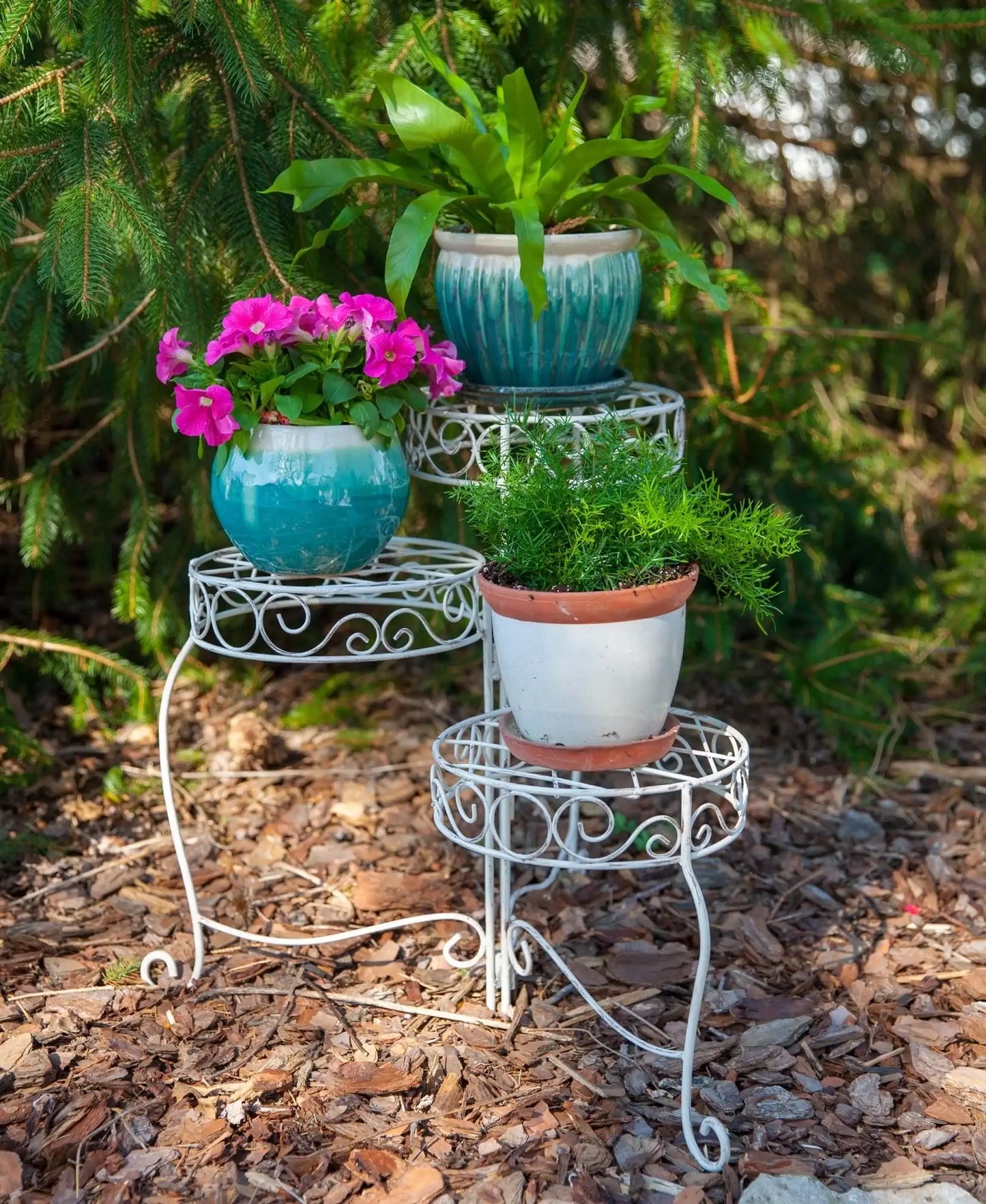 Distressed White French Country Scroll 3-Tier Plant Stand