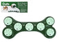 Bone-shaped green dog treat puzzle toy with paw print lids, perfect for pet enrichment