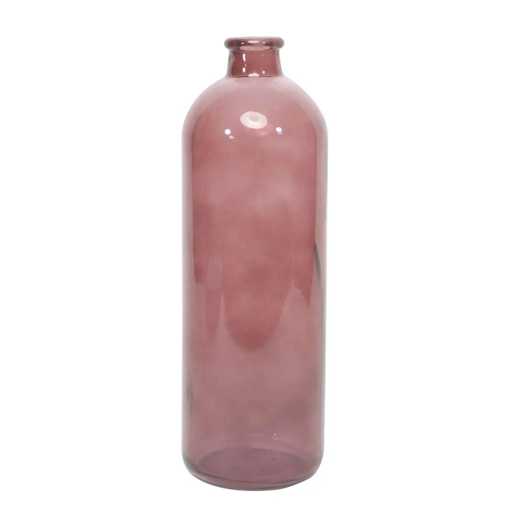 Tall mauve glass vase with narrow neck, modern minimalist home decor accent.