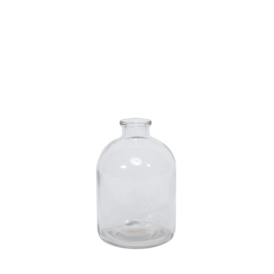Clear glass vase with wide body and short neck on white background