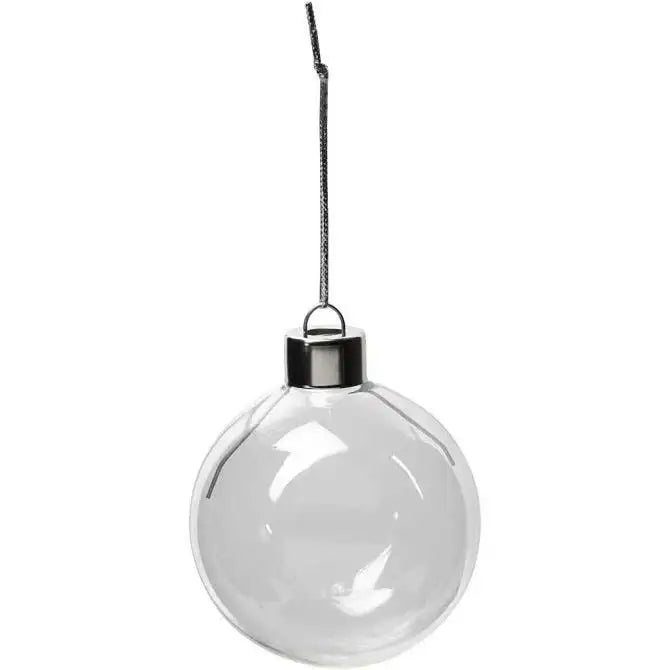 Clear glass Christmas ornament with silver cap and hanging string, perfect for holiday décor and festive gifting
