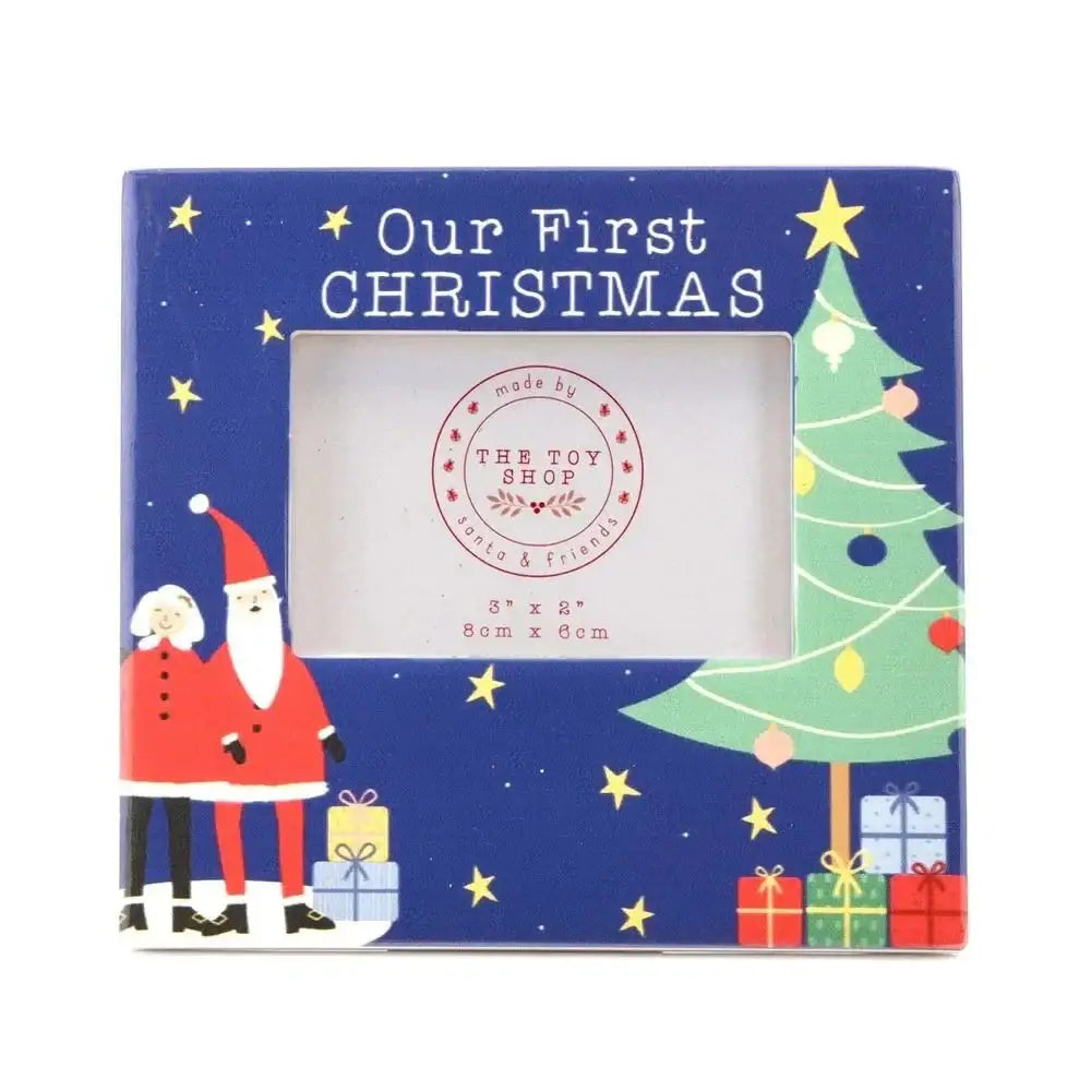 Our First Christmas photo frame with Santa, woman, Christmas tree, stars, and gift boxes
