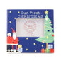 Our First Christmas photo frame with Santa, woman, Christmas tree, stars, and gift boxes