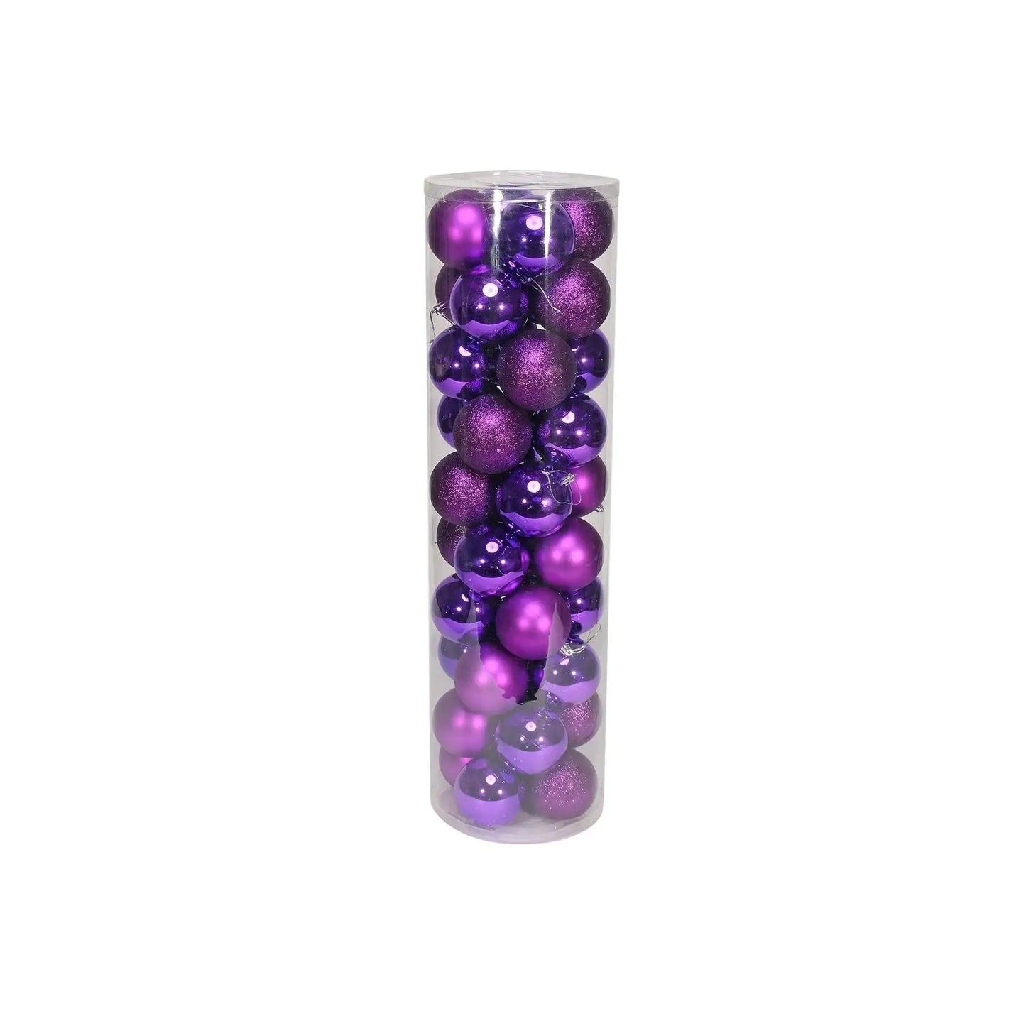 Purple Christmas ornaments in clear tube, festive holiday décor for tree or gift