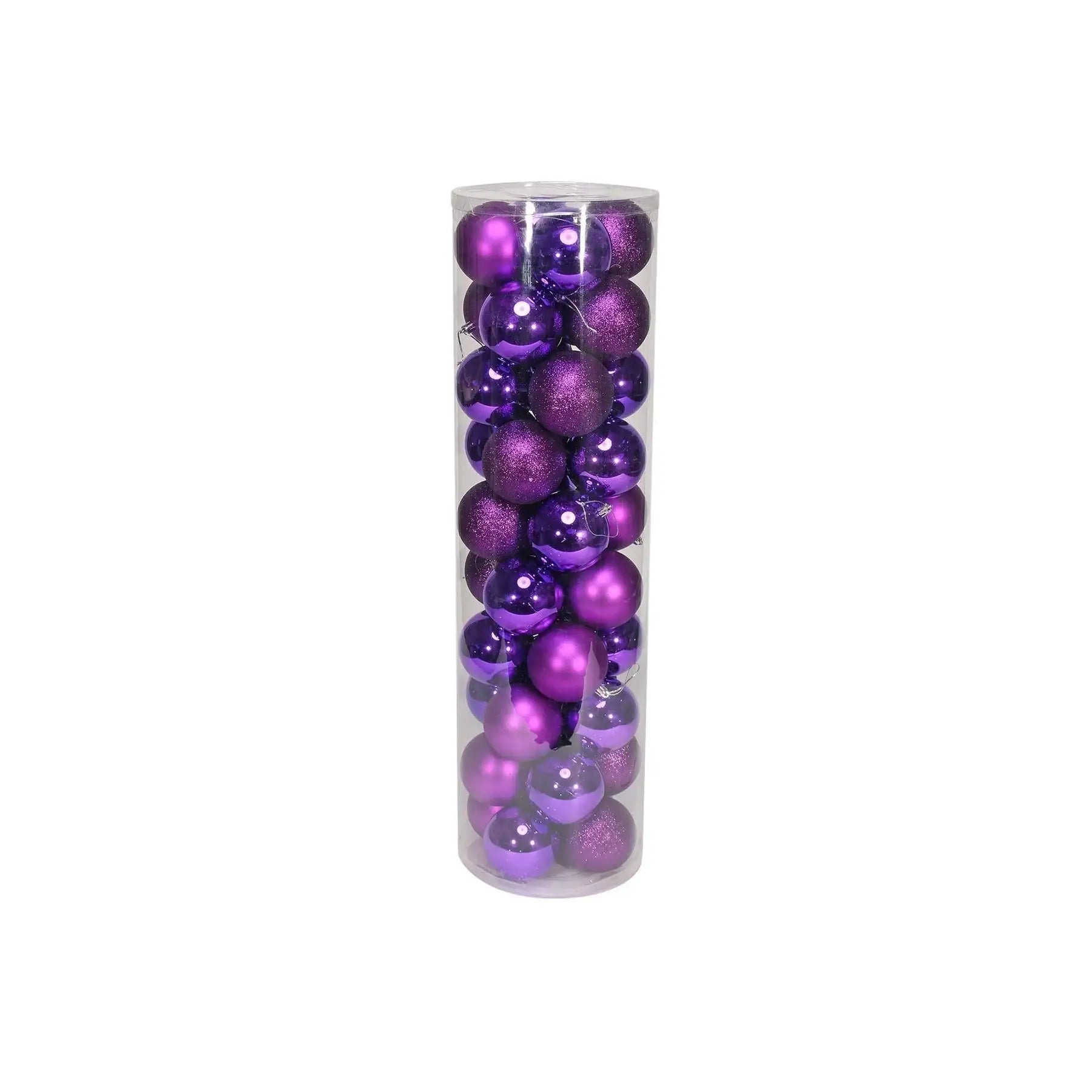 Purple Christmas ornaments in clear tube, festive holiday décor for tree or gift