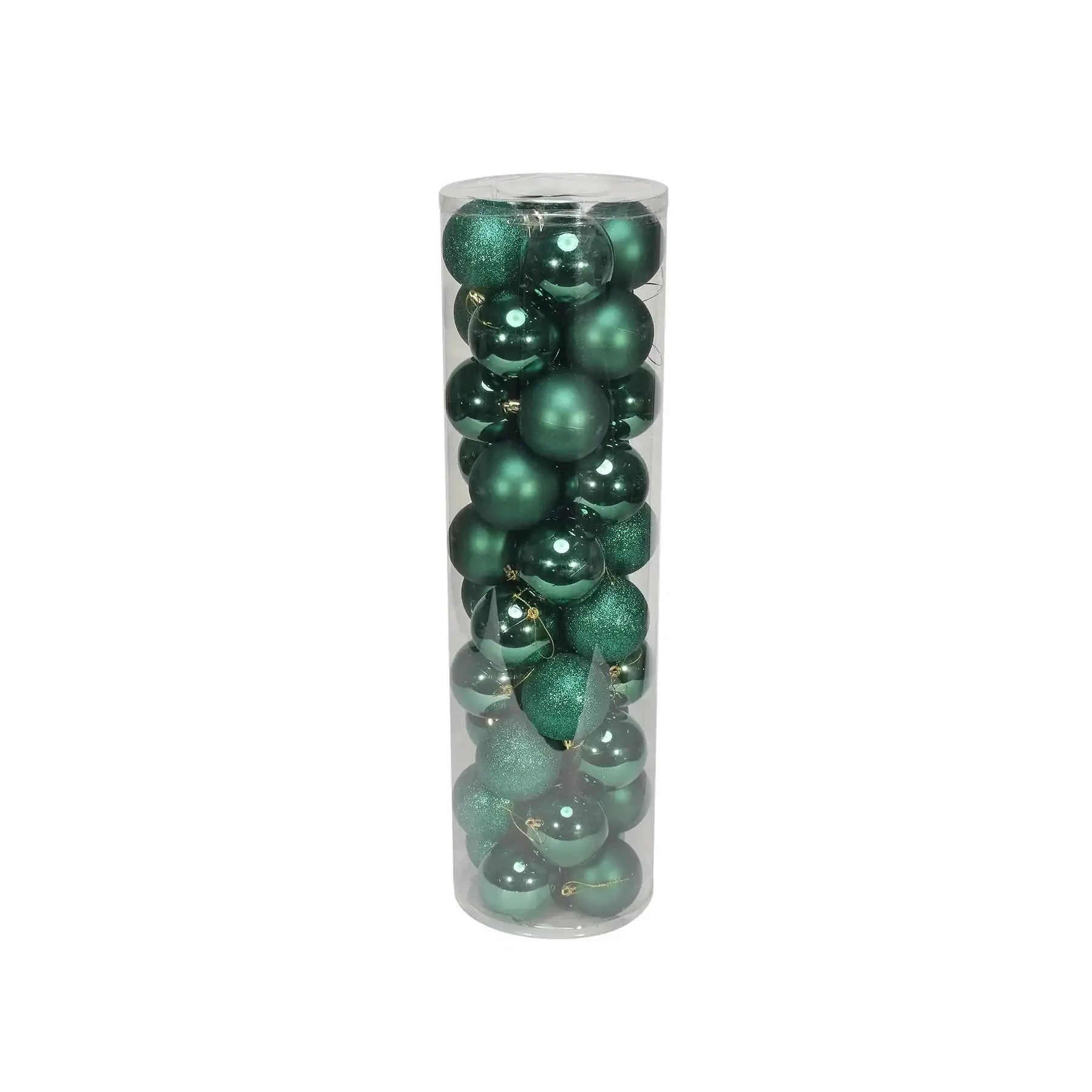 Emerald green Christmas ornaments in clear tube, perfect for holiday tree décor and seasonal celebrations