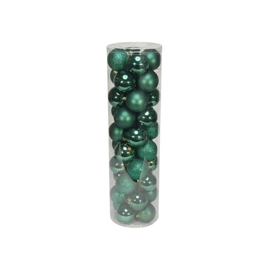Emerald green Christmas ornaments in clear tube, perfect for holiday tree décor and seasonal celebrations