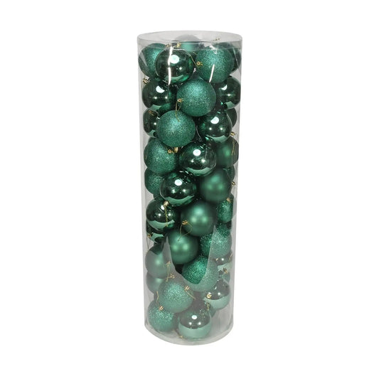 Emerald green Christmas ornaments in clear tube, assorted finishes for holiday tree décor