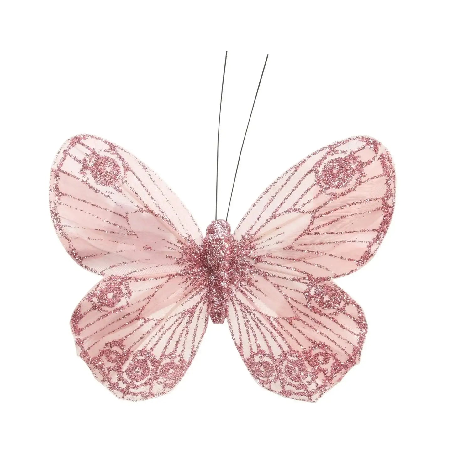 12cm Baby Pink Feather and Glitter Butterfly (Pack of 12)
