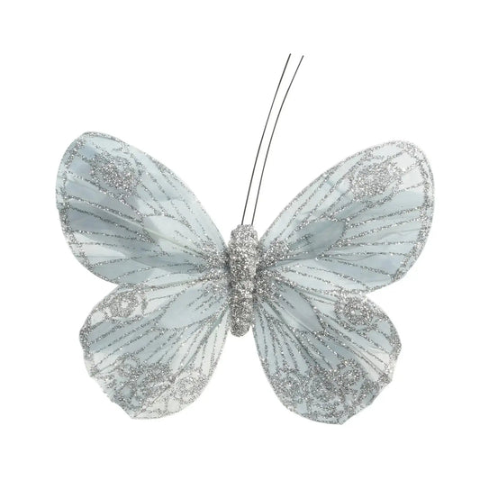 12cm Silver Feather and Glitter Butterfly (Pack of 12)