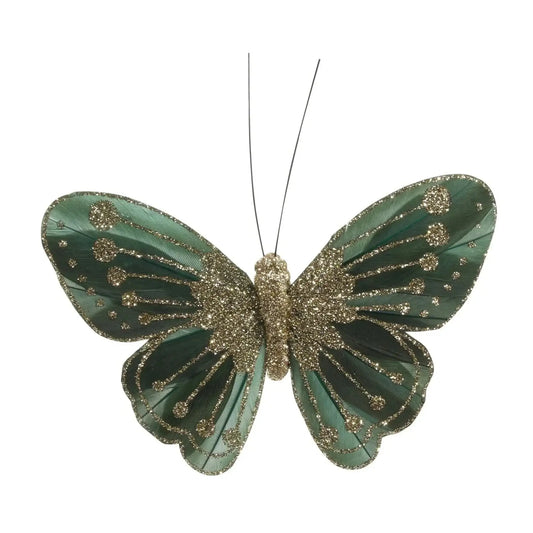 11.5cm Forest Green Feather and Glitter Butterfly (Pack of 12)