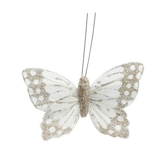 9cm Golden Ivory Feather and Glitter Butterfly  (Pack of 12)