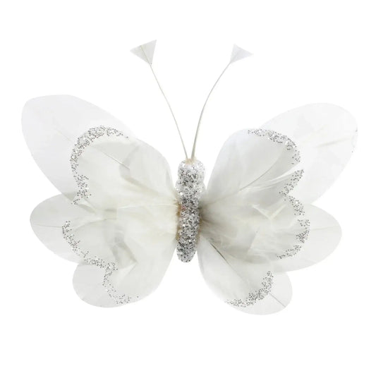 14cm White Feather and Glitter Butterfly (Pack of 6)