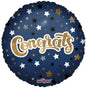 Congrats balloon with gold, white, and black stars on navy blue background for celebrations