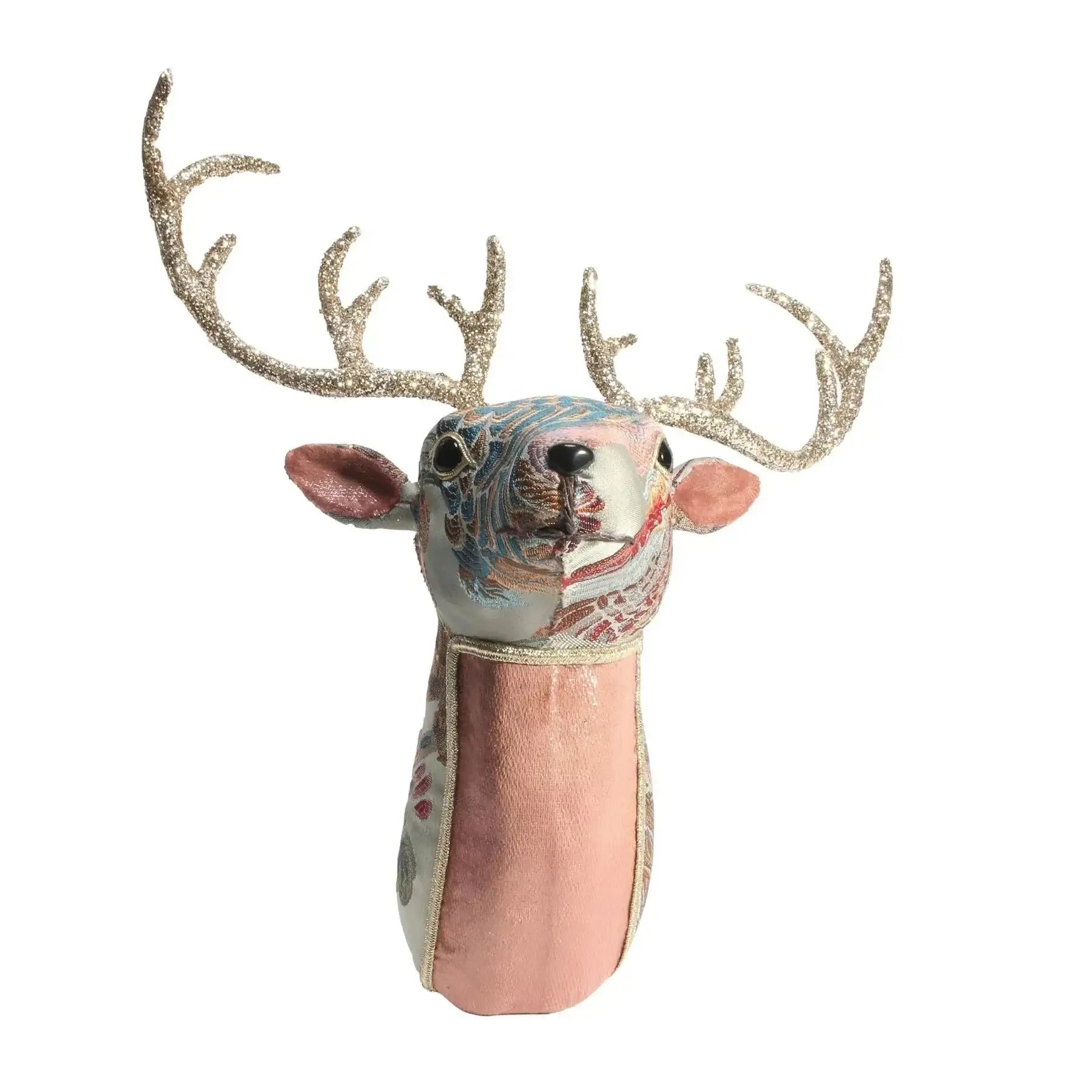 Velvet embroidered reindeer head with gold glitter antlers, festive home decor accent.