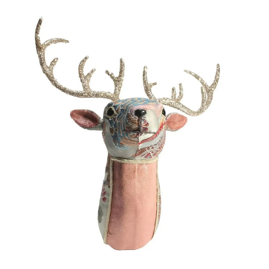 Velvet embroidered reindeer head with gold glitter antlers, festive home decor accent.
