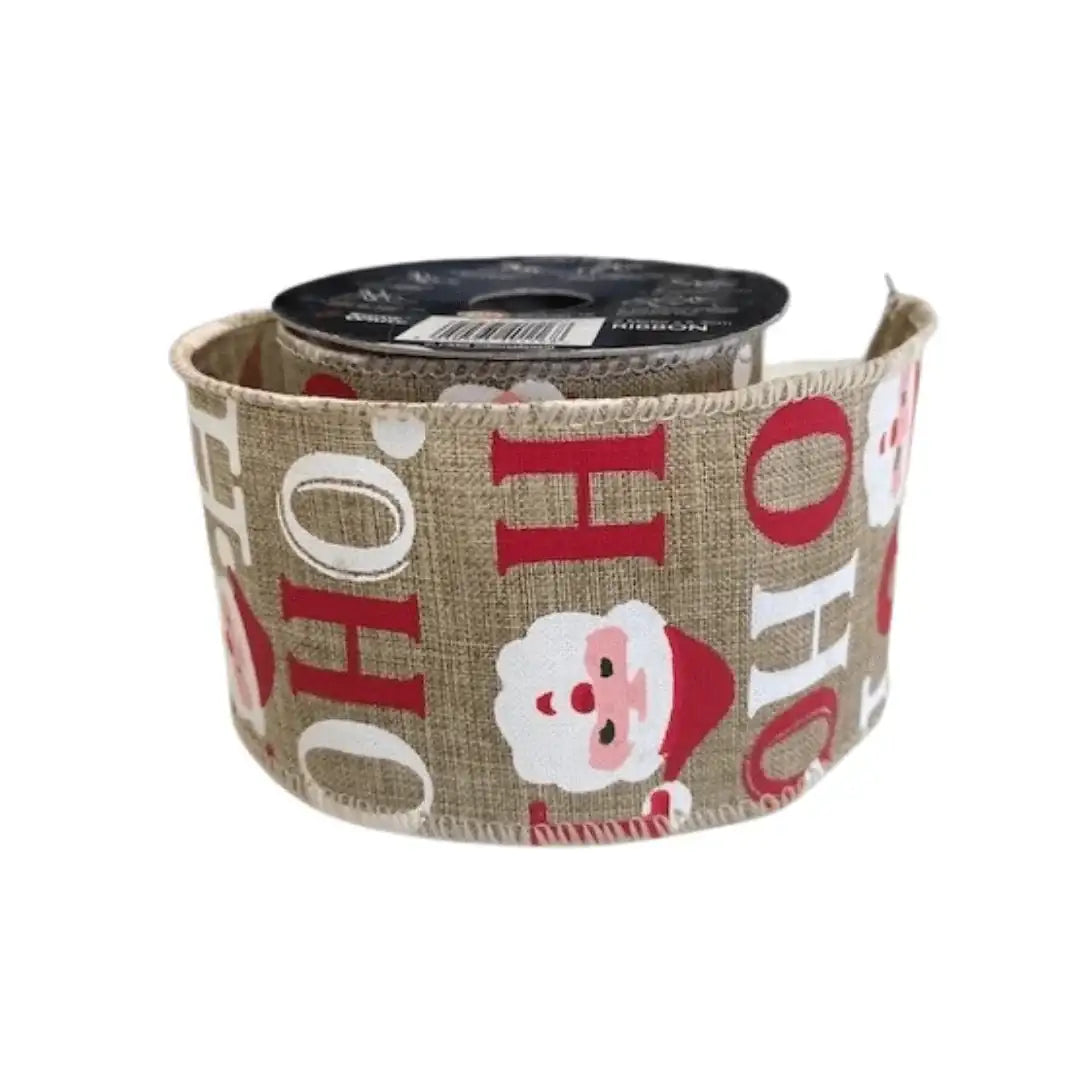 Christmas ribbon with Santa and 'Ho Ho Ho' print on burlap, perfect for holiday gift wrapping and décor