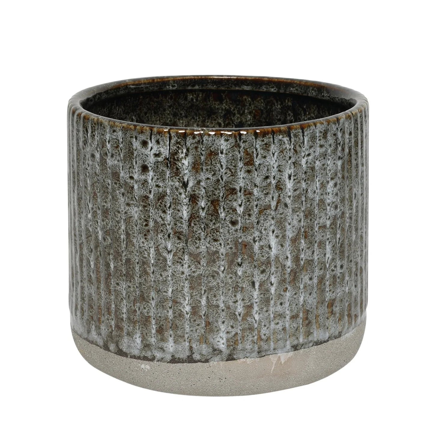 Textured ceramic planter with grey and brown glaze, ideal for modern home décor.