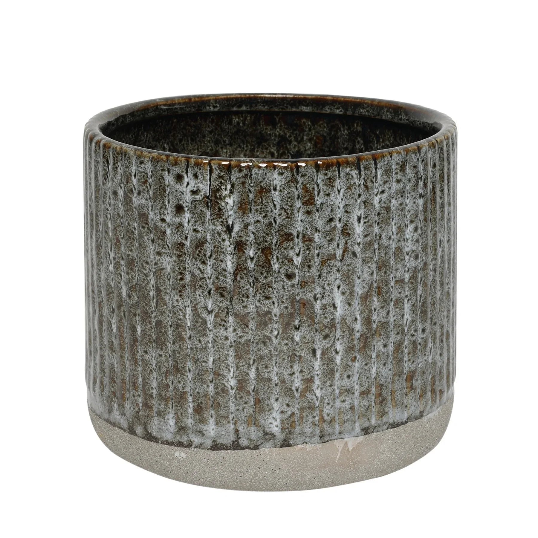 Textured ceramic planter with grey and brown glaze, ideal for modern home décor.