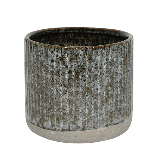 Textured ceramic planter with grey and brown glaze, ideal for modern home décor.