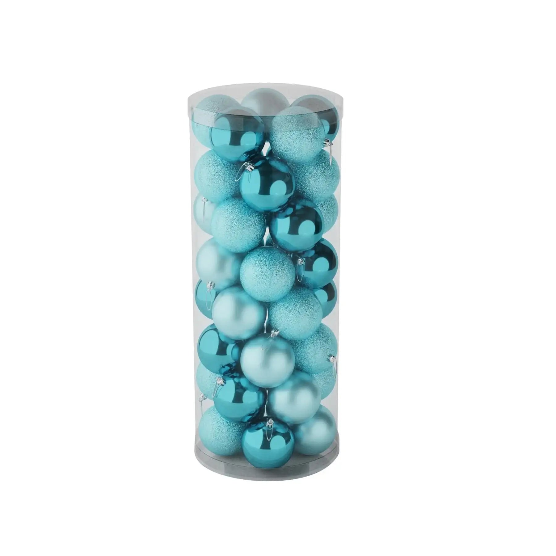 Teal Christmas ornaments in clear tube, festive holiday décor for tree or home