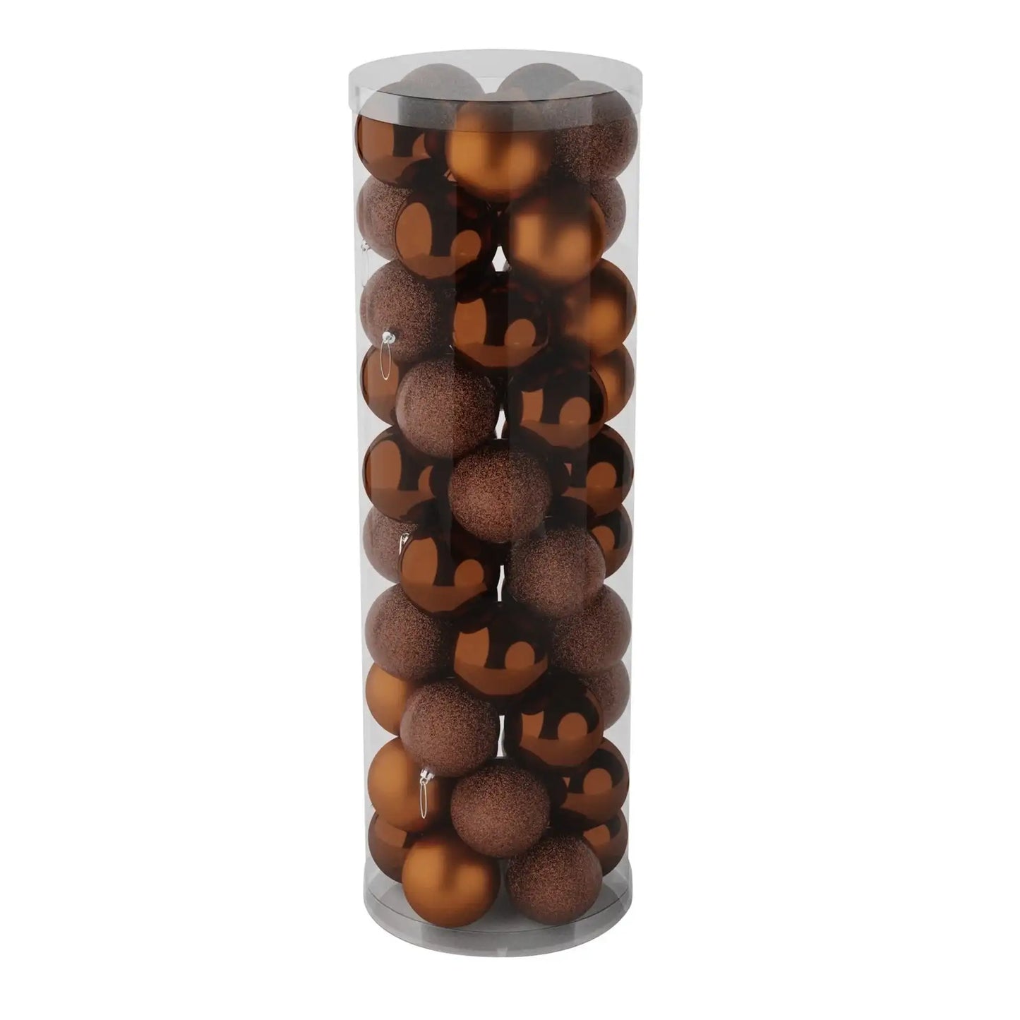Copper and bronze Christmas ornaments in clear tube packaging, perfect for holiday home décor and festive gifting.