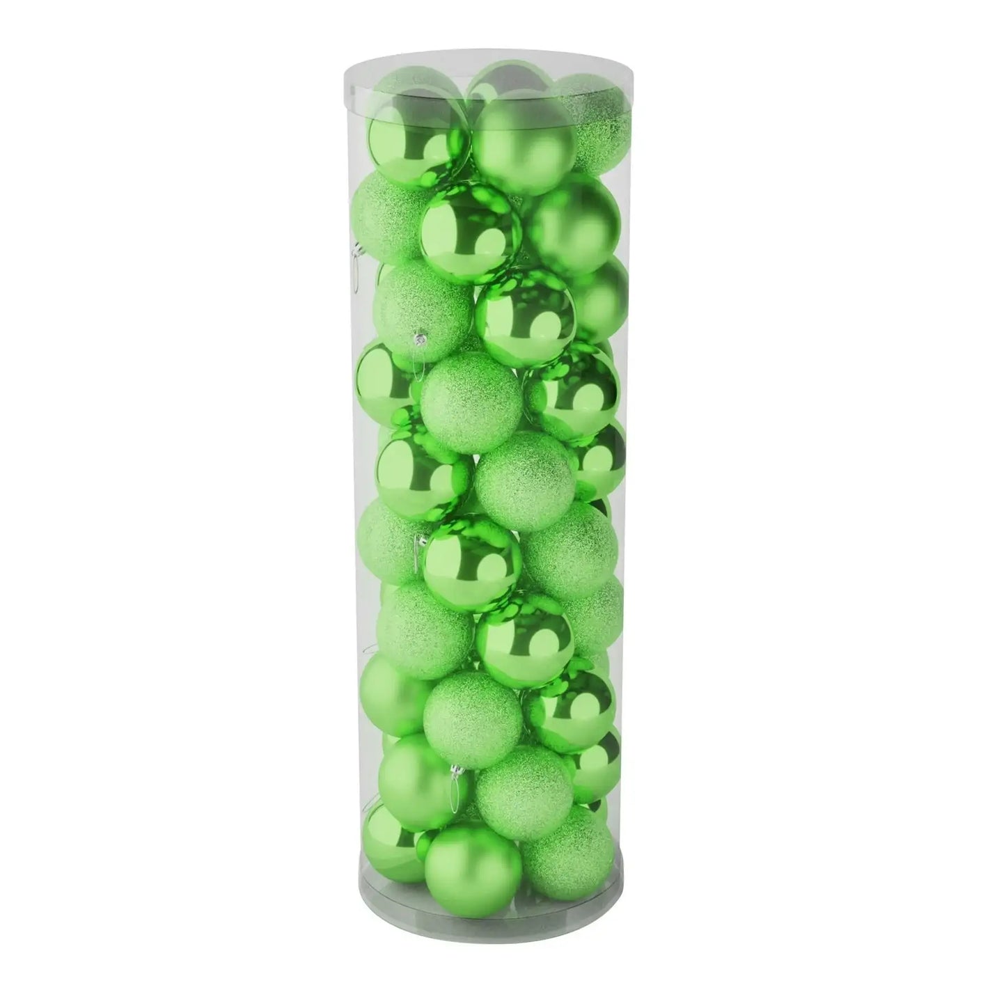 Green Christmas ornaments in clear tube, shiny and glittery holiday décor for tree or gift
