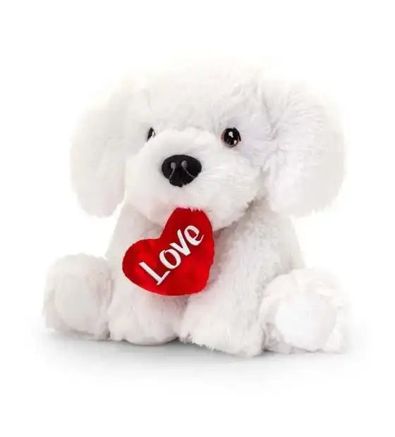 White plush dog holding red heart with 'Love' text, perfect for romantic gifts or home décor