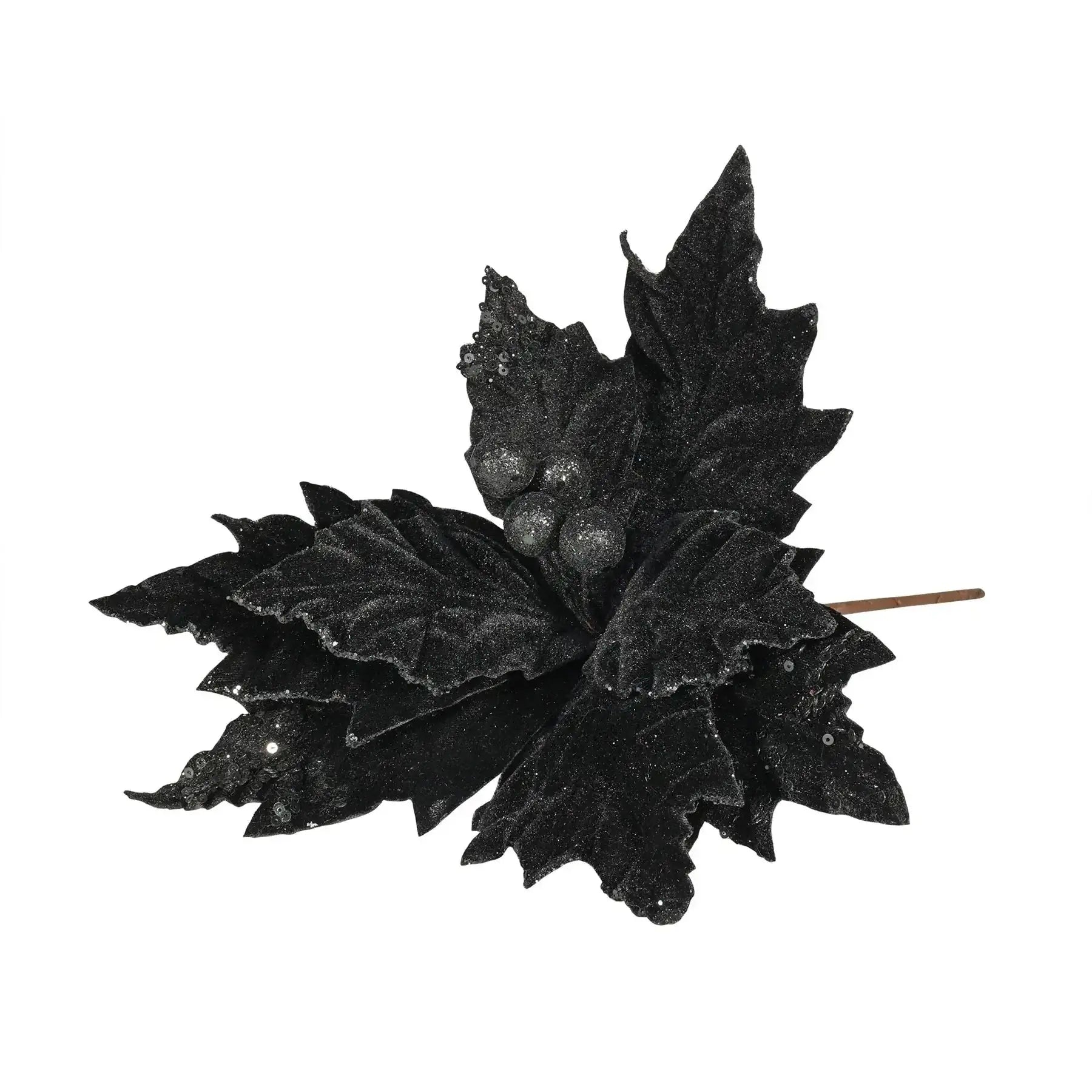 Black glitter leaf decoration with berries for home décor and festive occasions