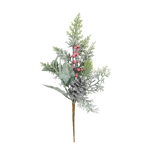 Holiday greenery pick with pine cone, red berries, frosted leaves, and evergreen sprigs