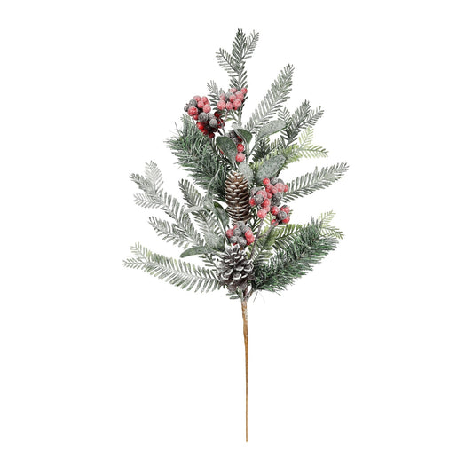 Frosted Christmas Foliage &amp; Red Berry Pick (H50cm)