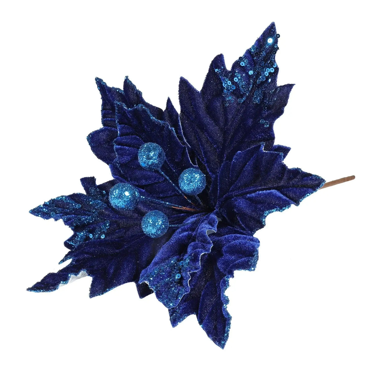 Navy blue velvet leaf with glitter berries and sequins, festive home décor accent
