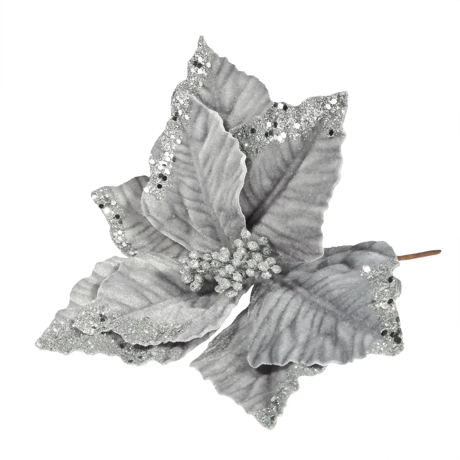 Silver glitter poinsettia flower decoration for festive home décor and holiday gifts
