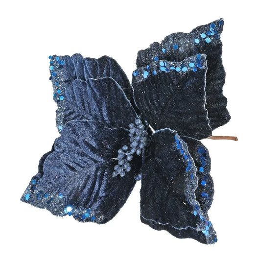 Navy Velvet Poinsettia with Glitter Edge (Dia24cm)