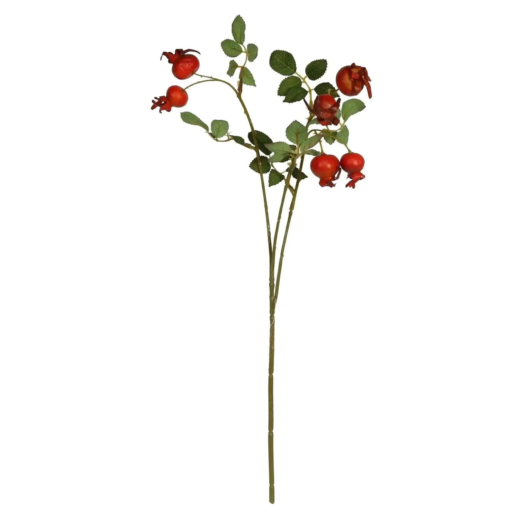 Artificial red rose hips with green leaves on stems for home décor and seasonal gifts