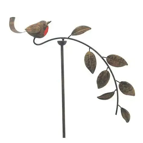 Metal bird garden stake with red-breasted robin perched on leafy branch, outdoor décor accent