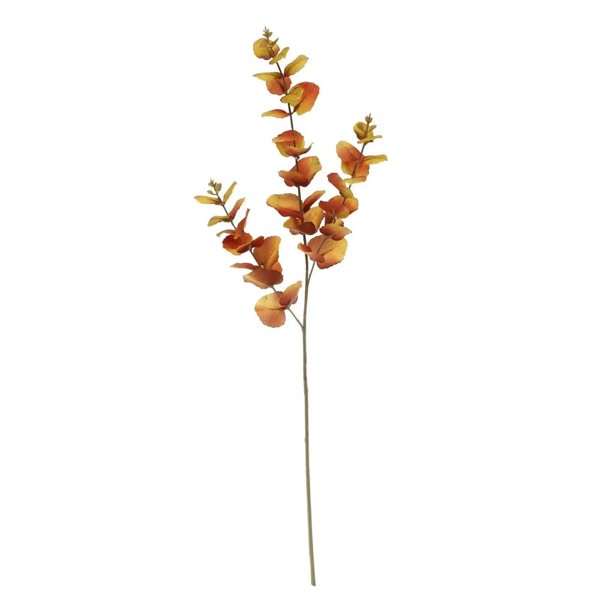 Autumnal artificial eucalyptus branch with warm orange and yellow leaves for home décor