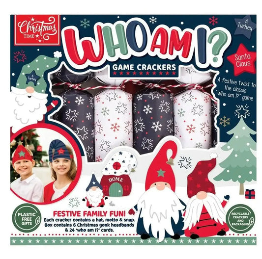 Christmas Who Am I? game crackers pack with festive gonk headbands, family fun holiday décor