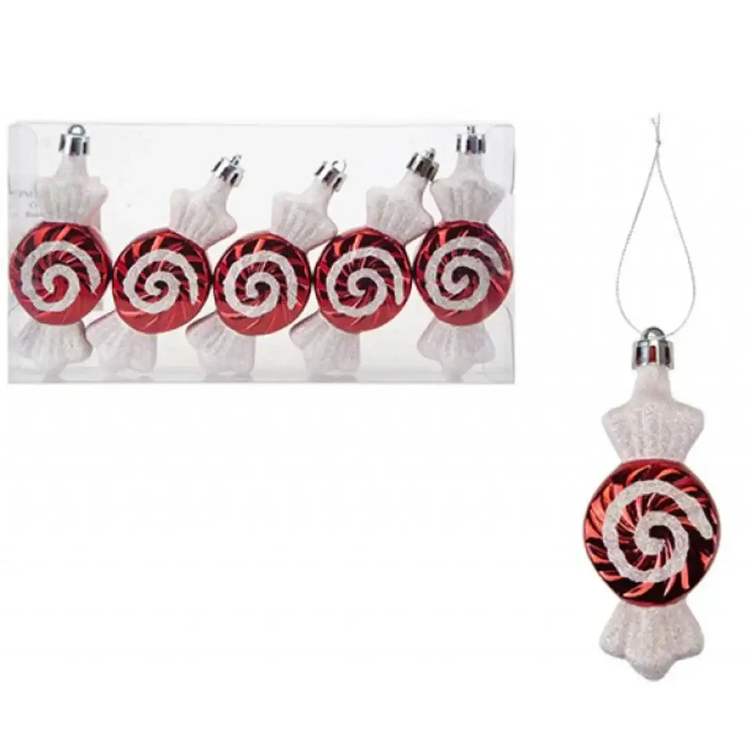 Red and white swirl candy cane Christmas ornaments, festive holiday decor for tree or home