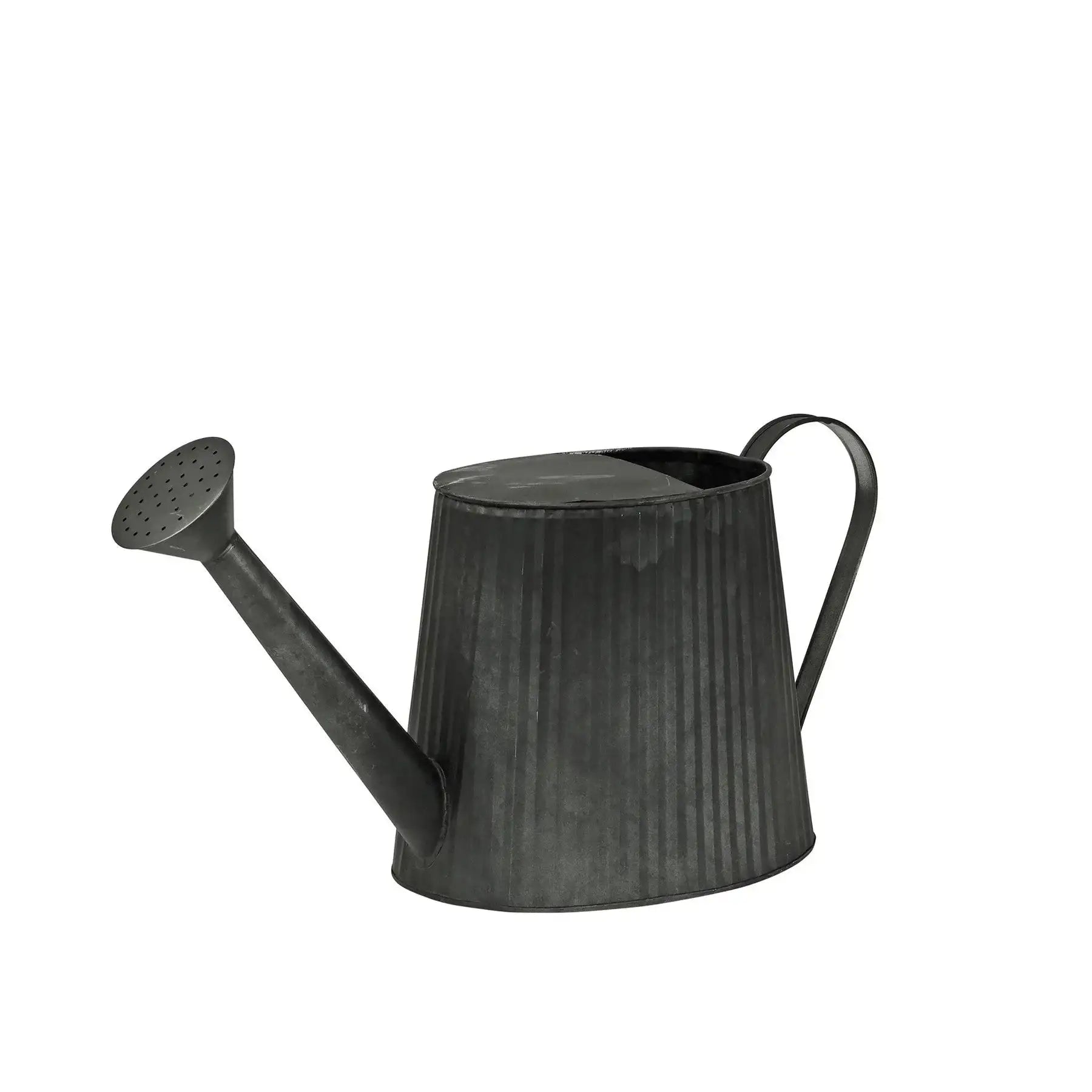 Black metal watering can with handle and spout, home decor or garden accessory