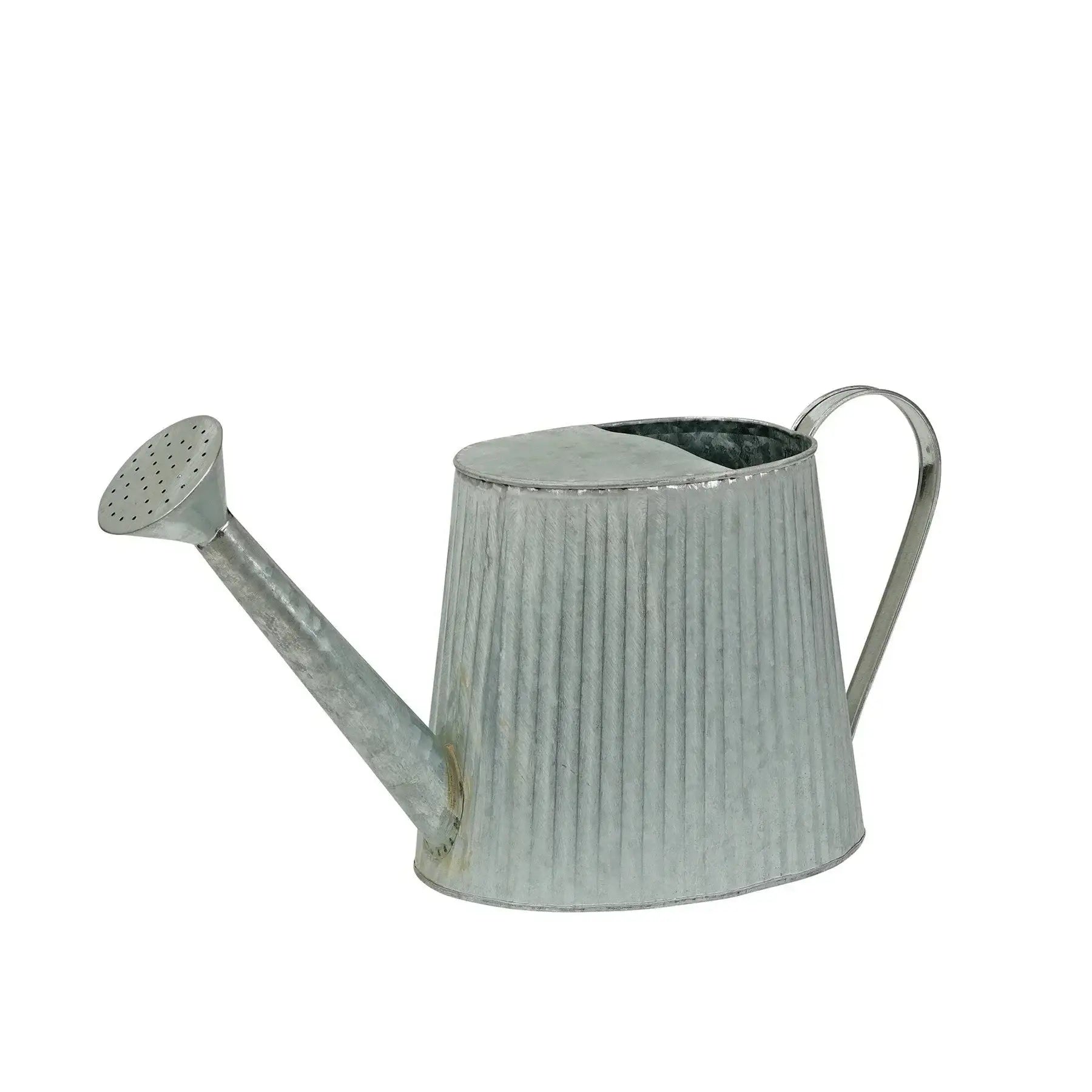 Galvanized metal watering can with ribbed texture on white background, garden décor