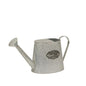 Galvanized metal watering can with handle, spout, and 'Flowers & Garden' label for home décor