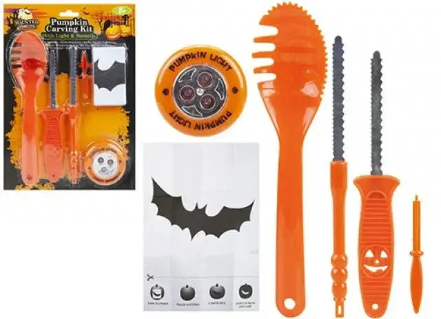 Pumpkin carving kit with orange tools, pumpkin light, stencils, and saw for Halloween decor