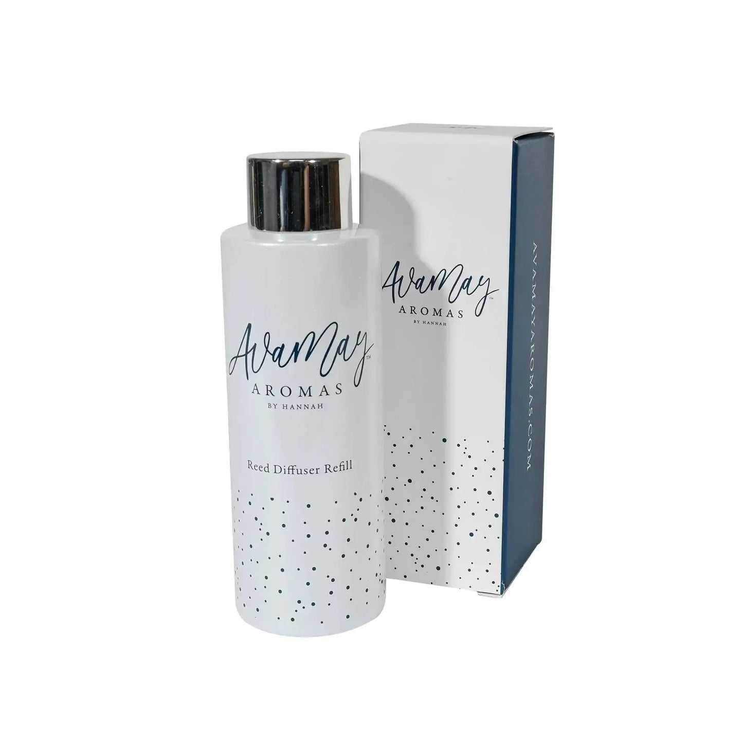 White reed diffuser refill bottle with decorative box, Ava May Aromas branding