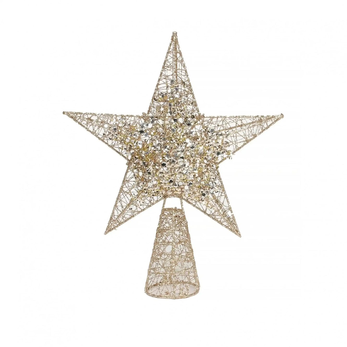 Gold wire star tree topper with glitter and sequins, festive Christmas home decor accent.